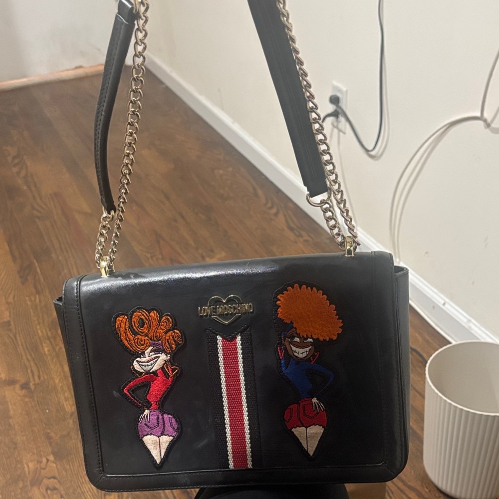 Love Moschino Black Crossbody Bag with Cartoon Embroidery